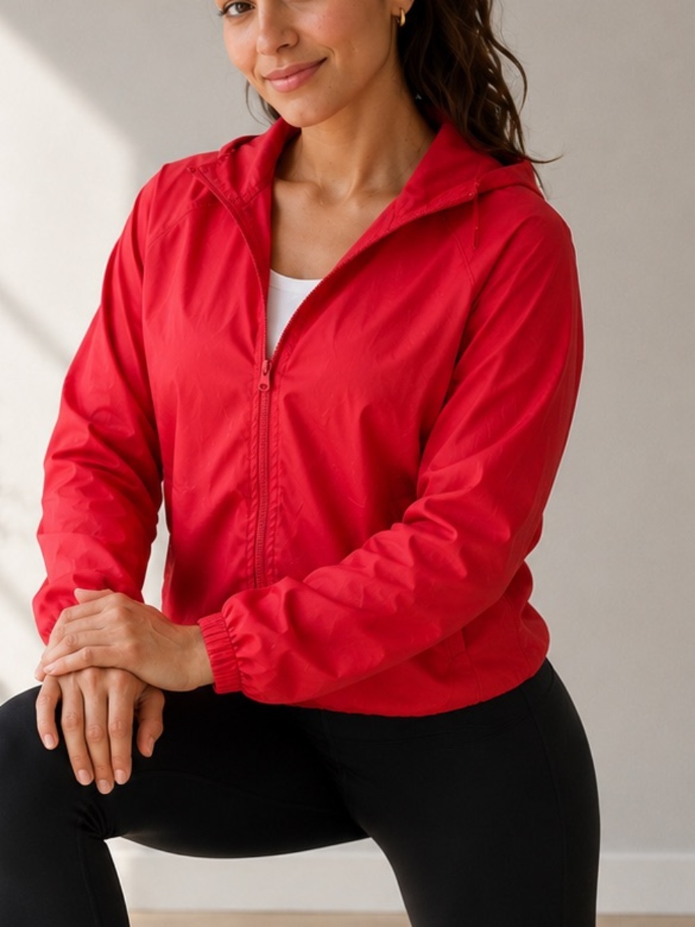 Bright Red Lightweight Hooded Windbreaker Jacket Oversized Zip Up